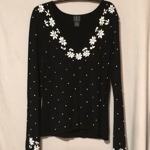 INC black sweater with white embroidered flowers and dots Size Medium